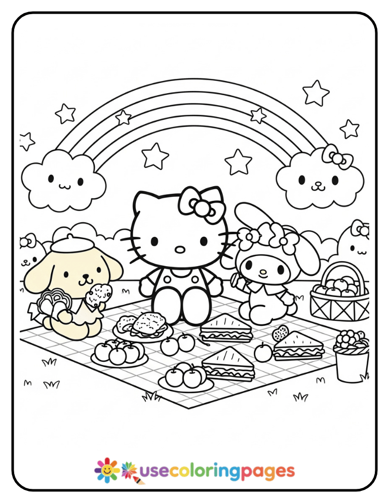 Hello Kitty and Friends Rainbow Picnic Coloring Page