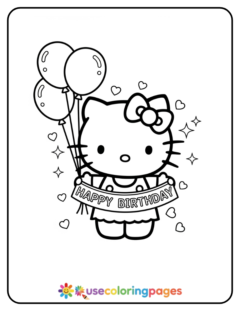 Hello Kitty with Birthday Banner Coloring Page