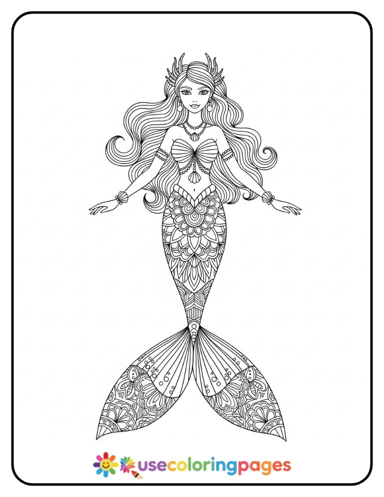 Intricate Mermaid with Mandala Tail Coloring Page