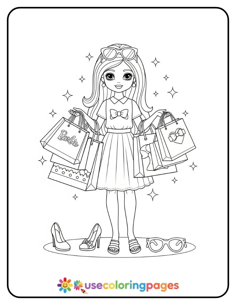 Kawaii Barbie Shopping Bags Coloring Page Printable
