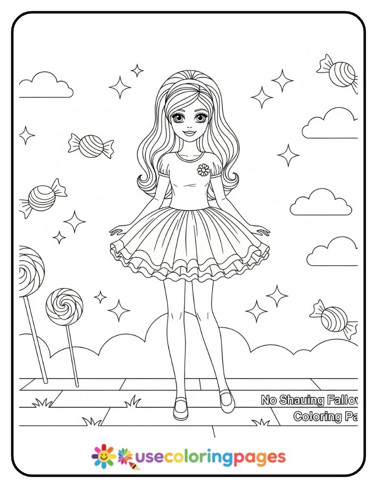 Kawaii Barbie in Puffy Skirt Coloring Page for Girls