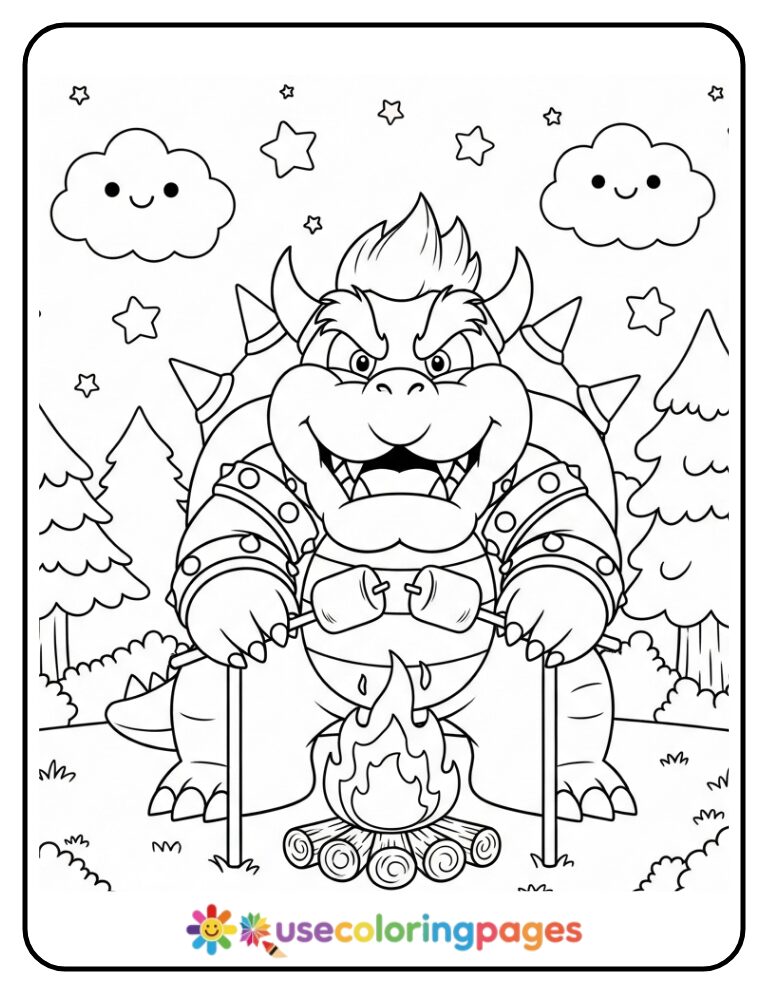 Kawaii Bowser Roasting Marshmallows Coloring Page For Kids