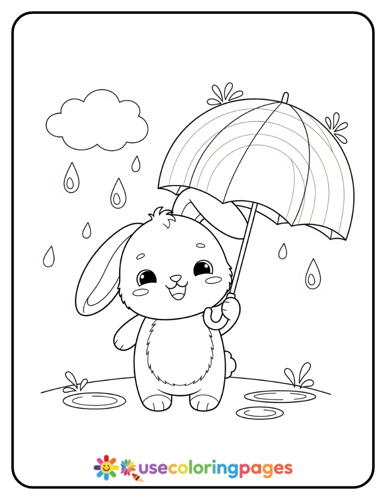 Kawaii Bunny Holding Rainbow Umbrella Coloring Page For Kids