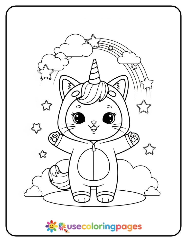 Kawaii Cat Dressed as a Unicorn Coloring Page