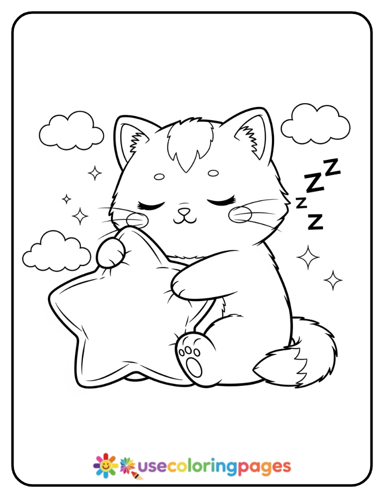 Kawaii Cat Hugging a Star Pillow Coloring Page
