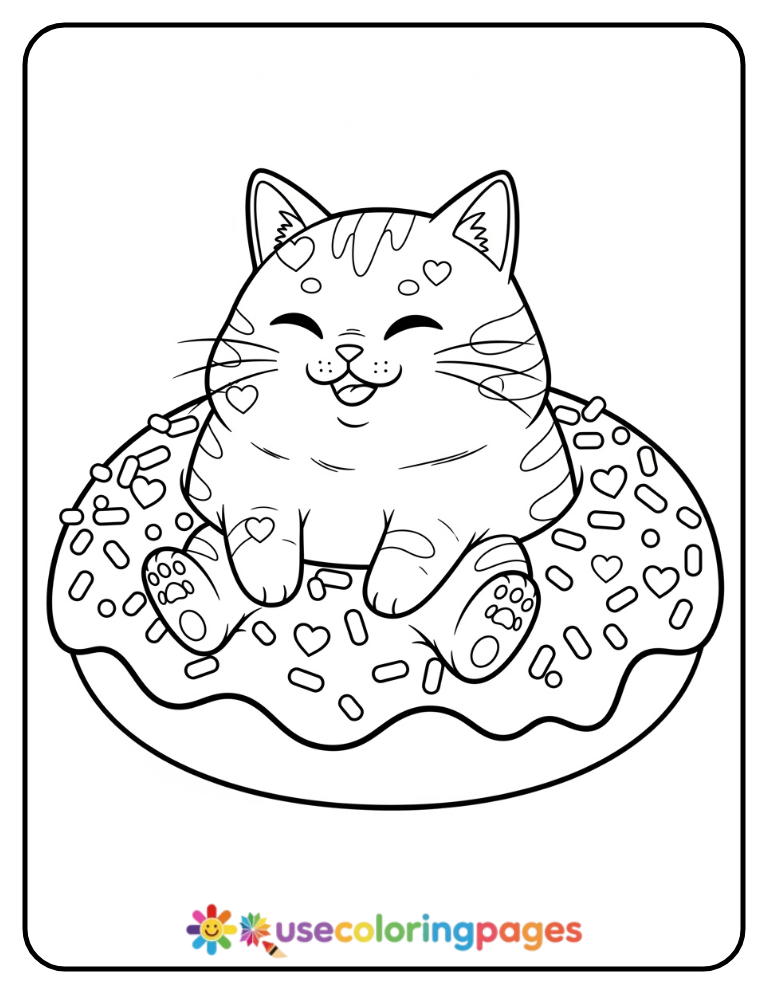 Kawaii Cat Inside a Donut Coloring Page
