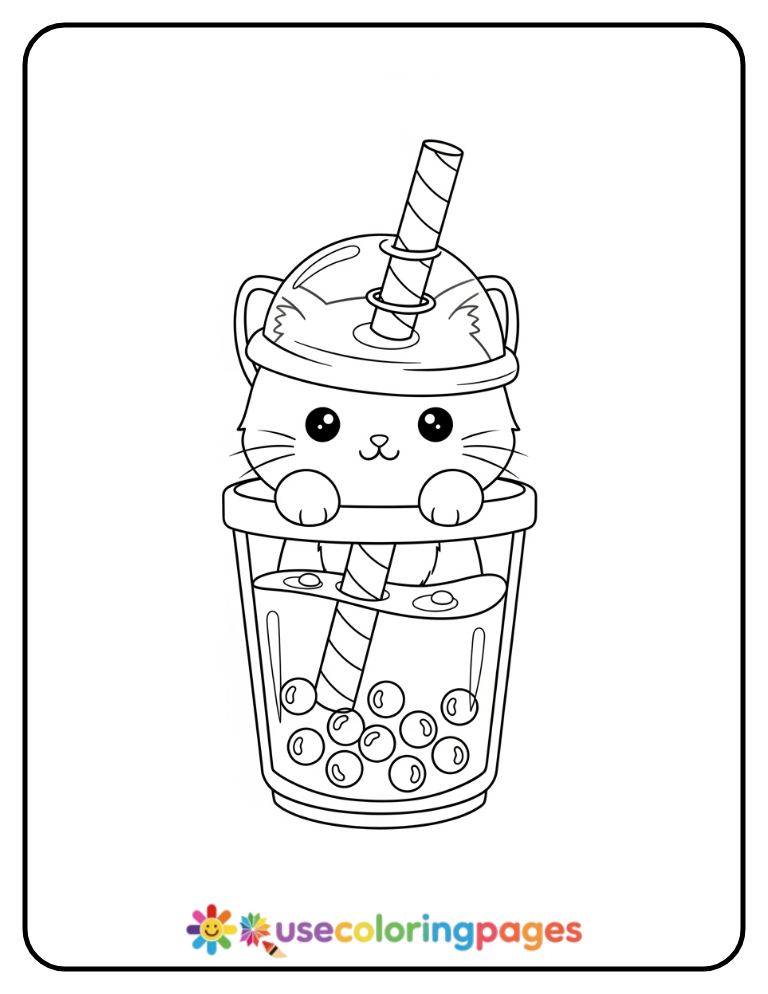 Kawaii Cat in a Bubble Tea Cup Coloring Page