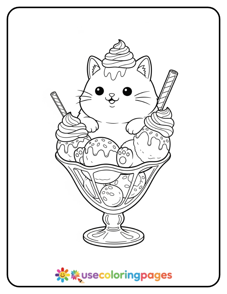 Kawaii Cat in a Sundae Glass Coloring Page