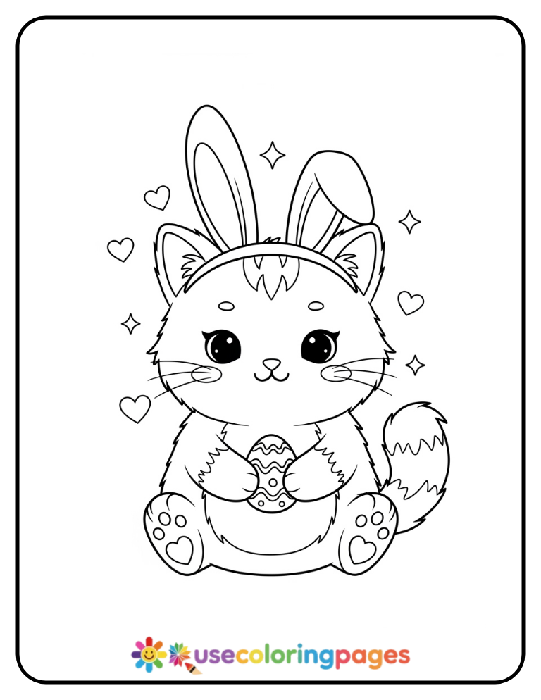 Kawaii Cat with Bunny Ears Headband Coloring Page