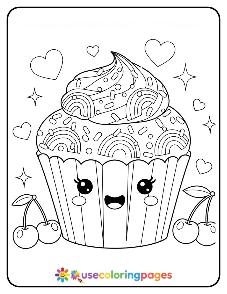 Kawaii Cupcake With Rainbow Sprinkles Coloring Page