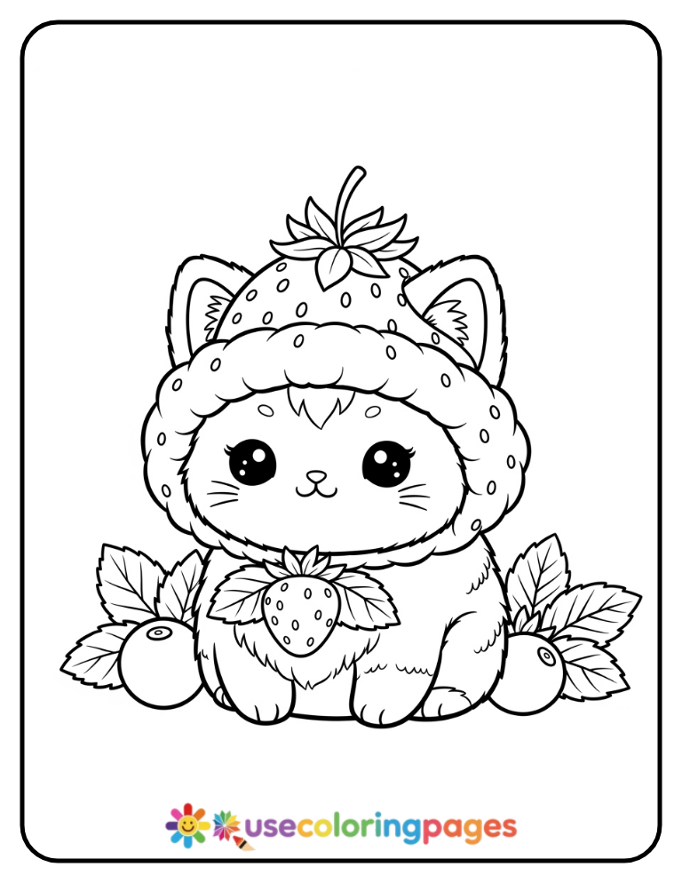 Kawaii Fluffy Cat with Strawberry Hat Coloring Page