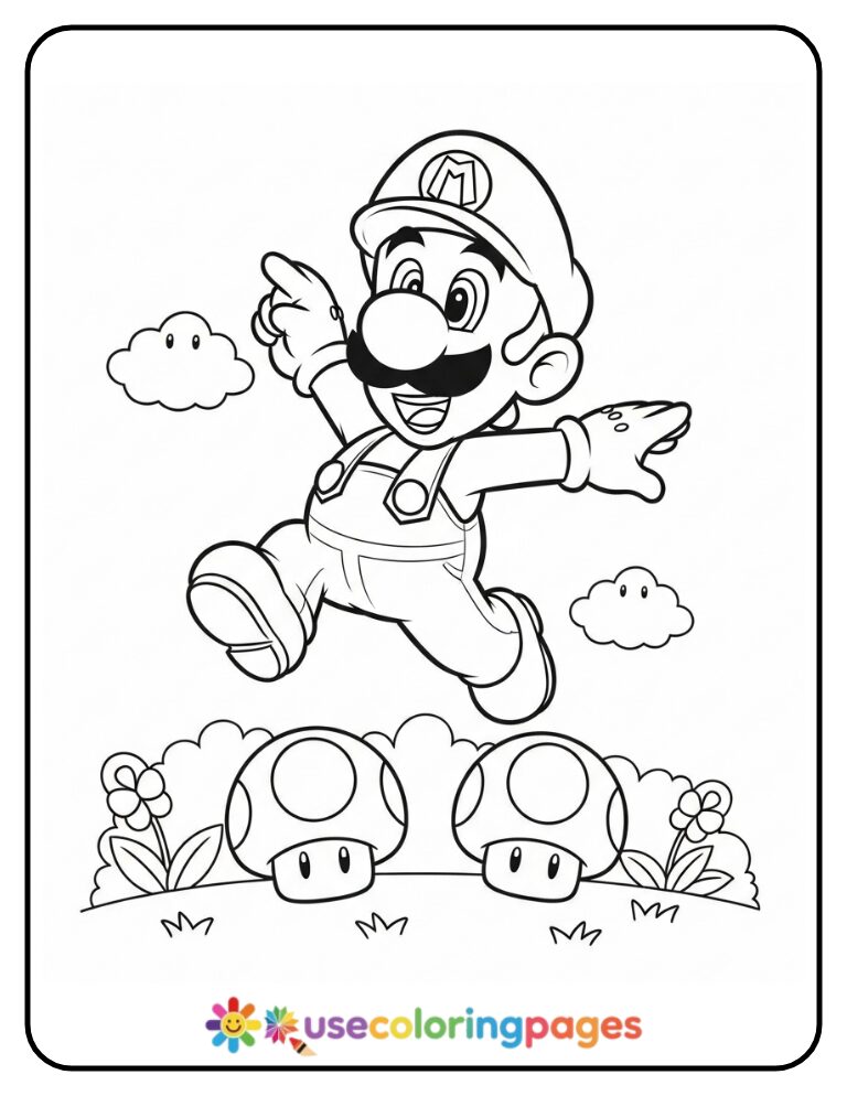 Kawaii Luigi Jumping Over Mushrooms Coloring Page Printable