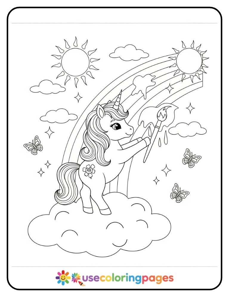 Kawaii Unicorn Painting Rainbow Sky Coloring Page
