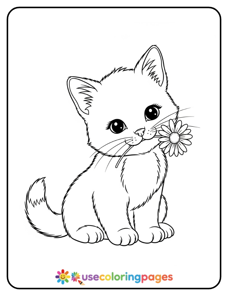 Kitten Holding a Daisy Flower Coloring Page