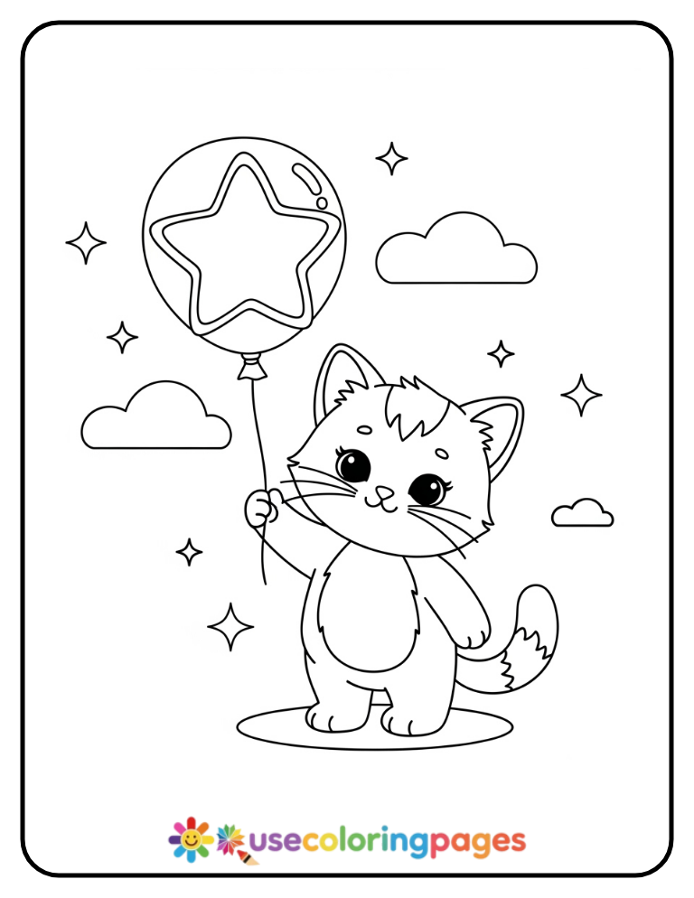 Kitten Holding a Star Balloon Coloring Page