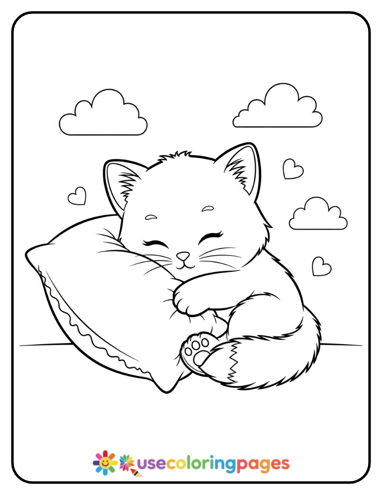 Kitten Hugging a Pillow Coloring Page