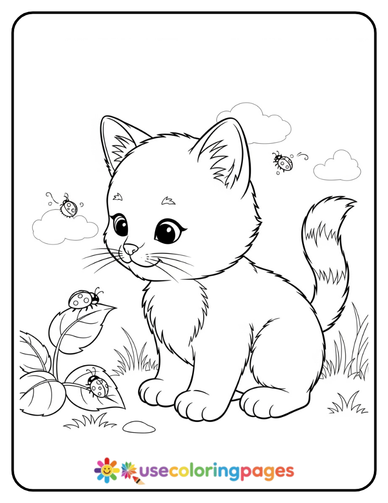 Kitten Sitting with Ladybugs Coloring Page