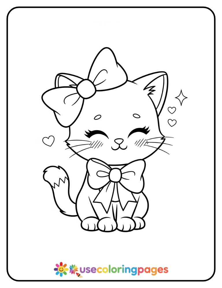 Kitten Wearing a Bow and Blushing Coloring Page