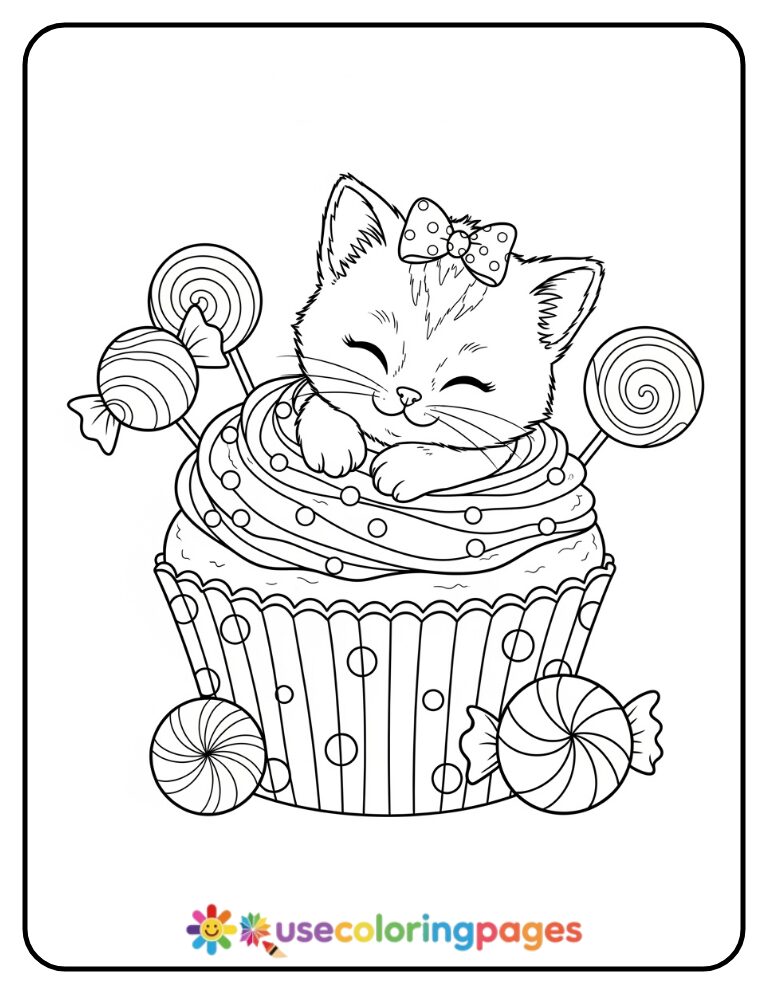 Kitten in a Cupcake Wrapper Coloring Page