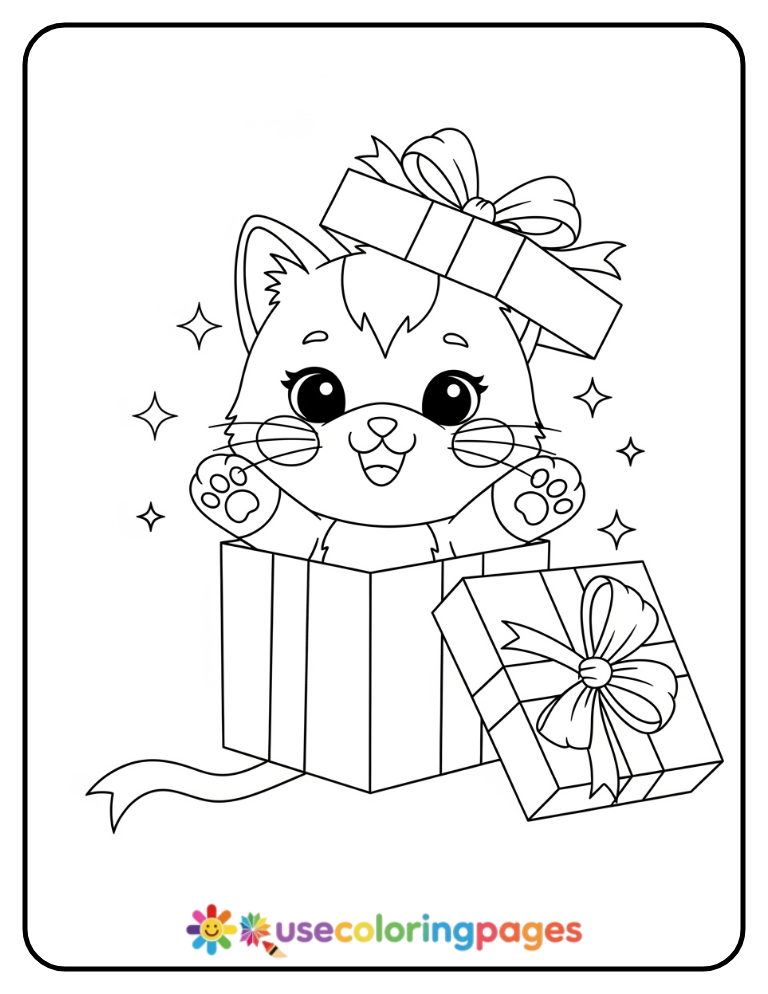 Kitten in a Gift Box with Ribbon Coloring Page
