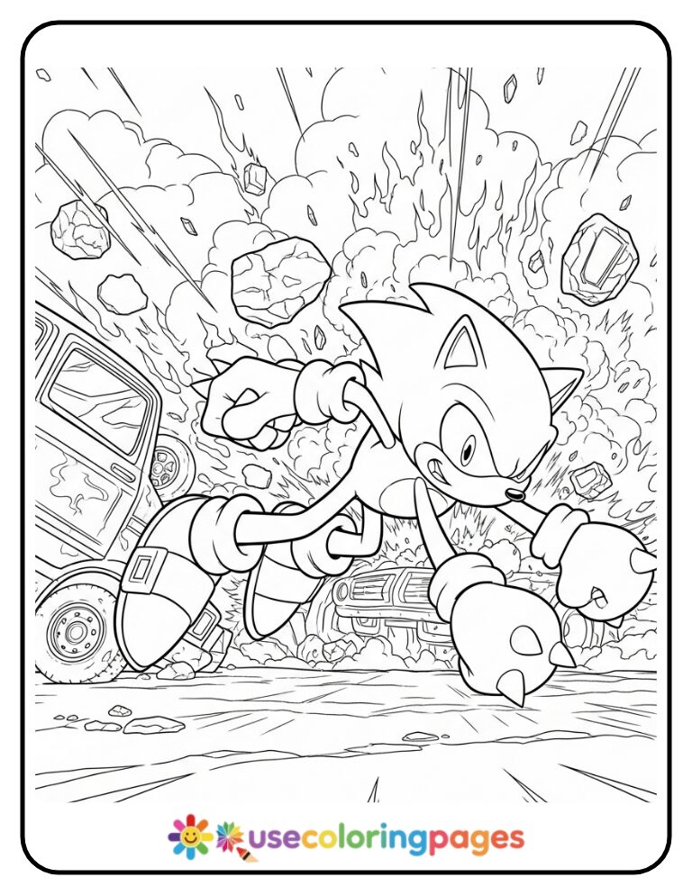 Knuckles Leaps from Exploding Vehicle Coloring Page