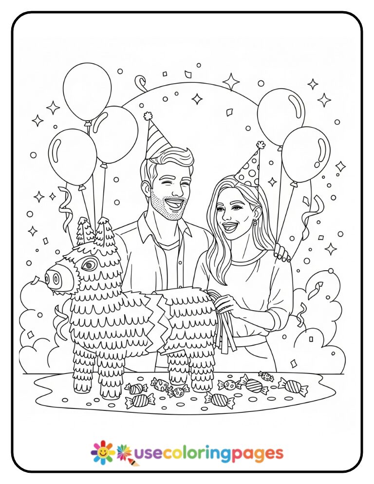 Laughing Couple With Broken Piñata Coloring Page