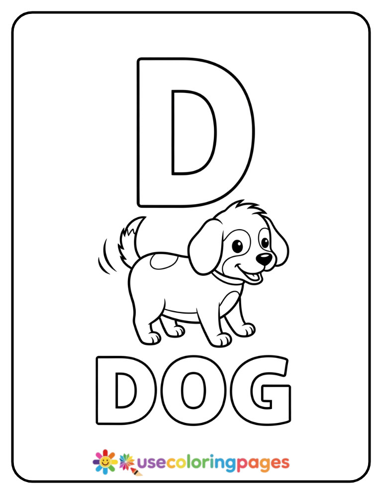 Letter D and Dog Coloring Page