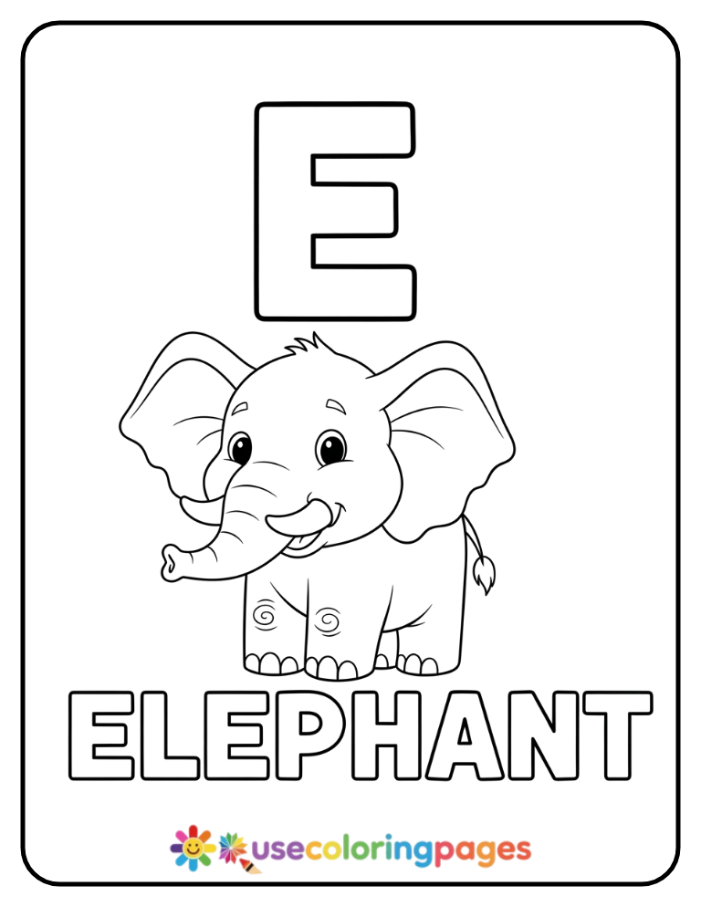 Letter E and Elephant Coloring Page