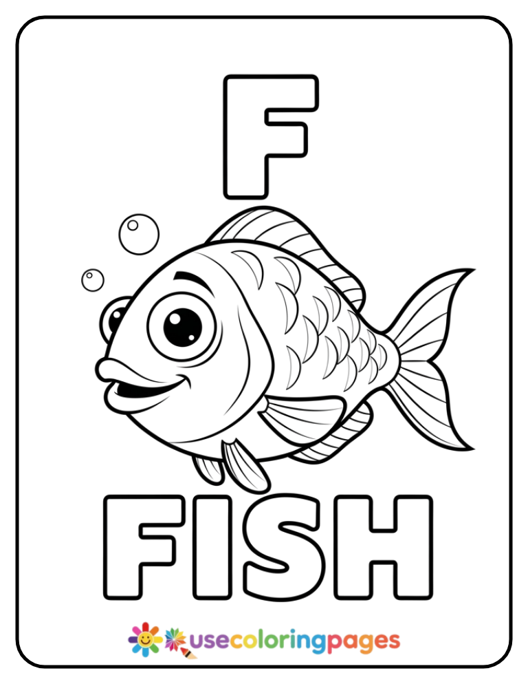 Letter F and Fish Coloring Page