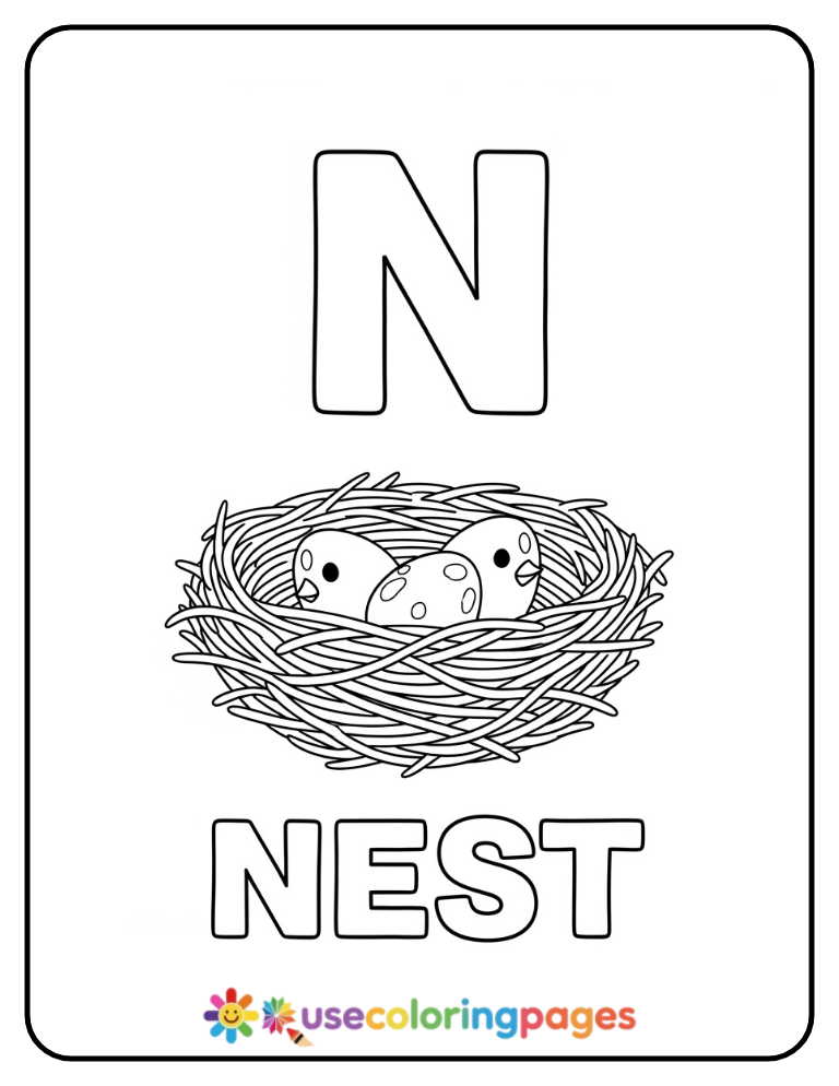 Letter N and Nest Coloring Page