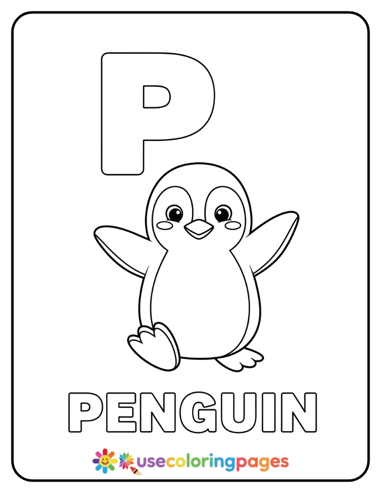 Letter P and Penguin Coloring Page