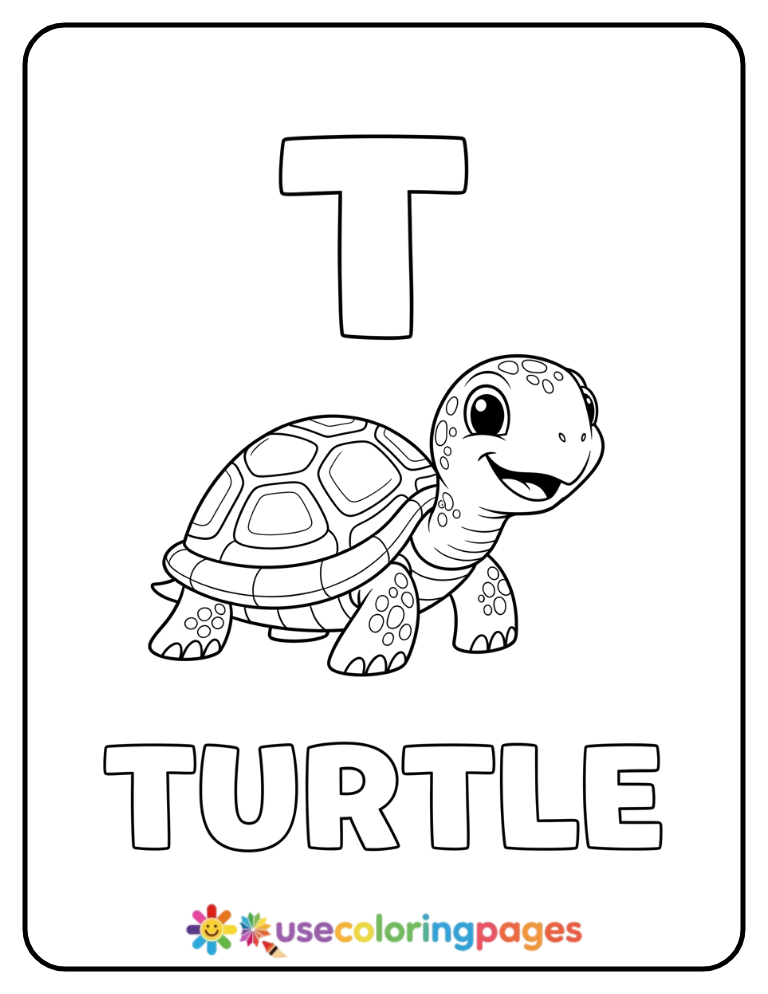 Letter T and Turtle Coloring Page