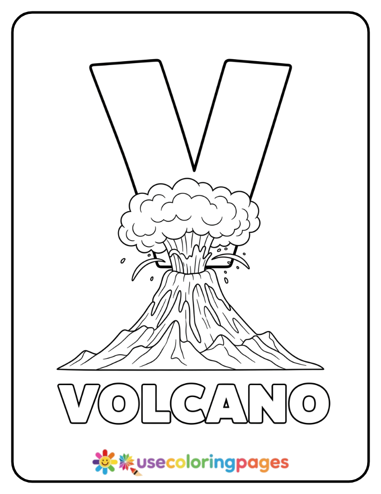 Letter V and Volcano Coloring Page