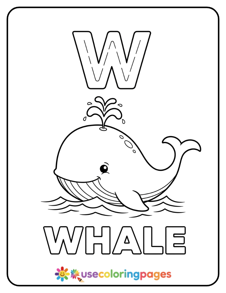 Letter W and Whale Coloring Page