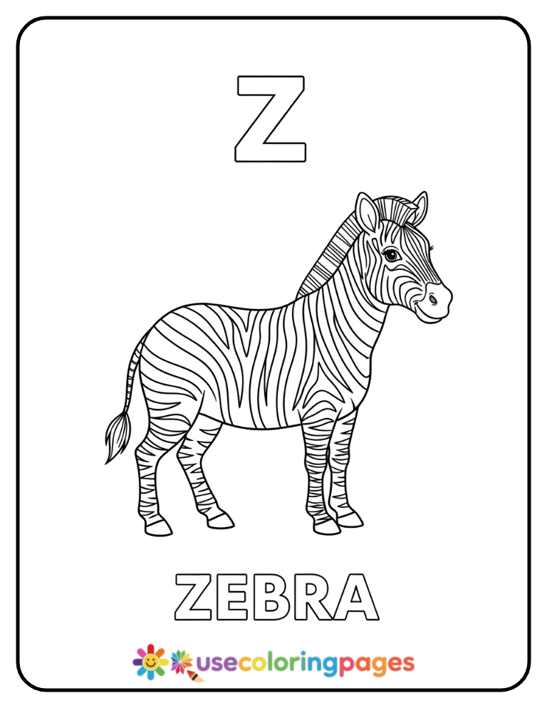 Letter Z and Zebra Coloring Page