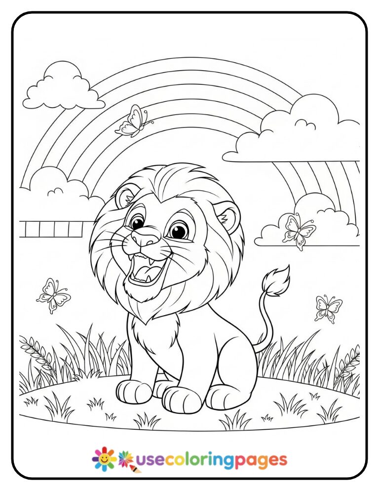 Lion Roaring Beneath Rainbow Sky Coloring Page