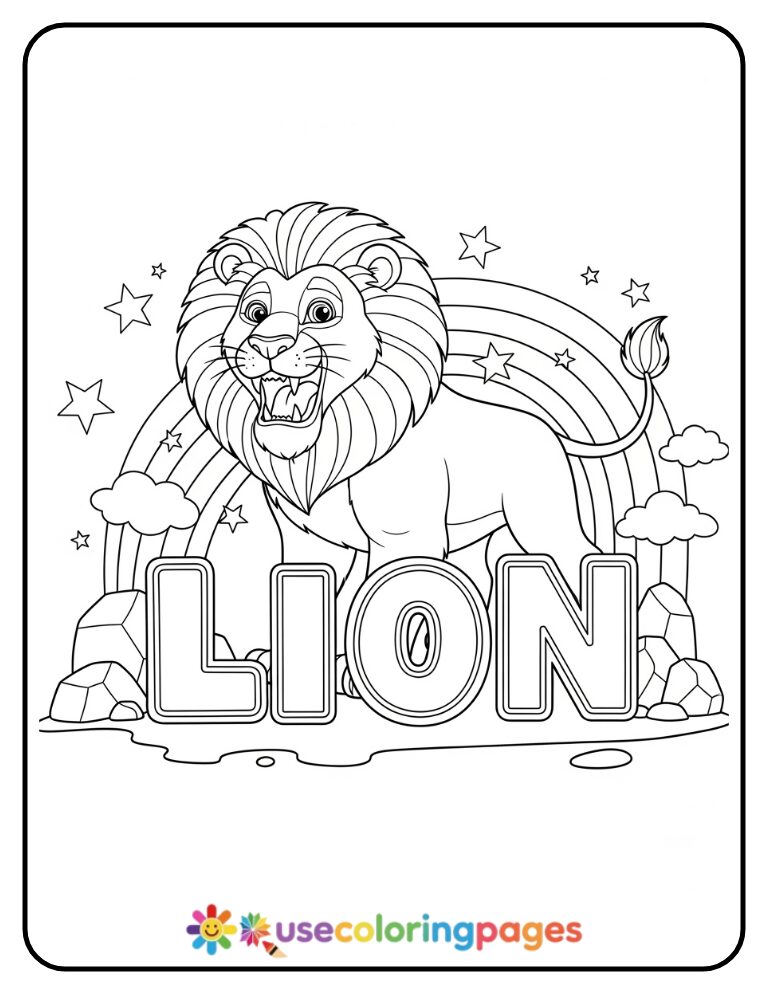 Lion Roaring Beside Rainbow Letters Coloring Page
