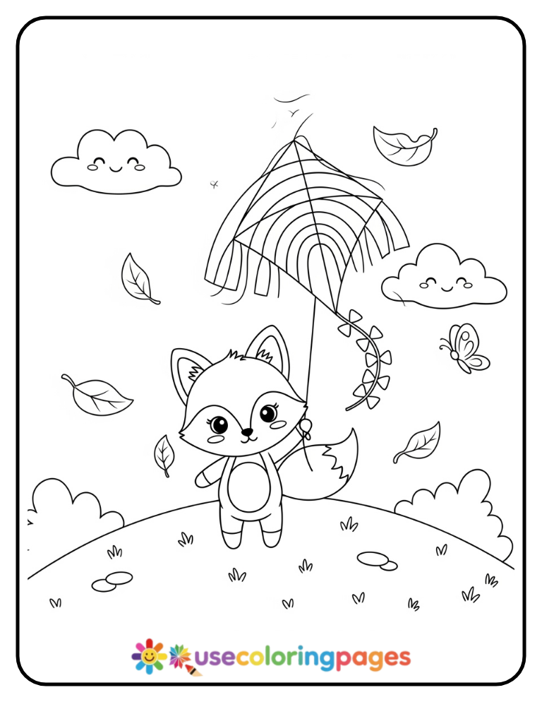 Little Fox Flying Rainbow Kite Coloring Page For Kids