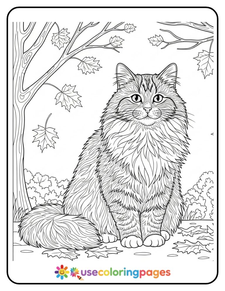 Long-Haired Cat Among Autumn Leaves Coloring Page