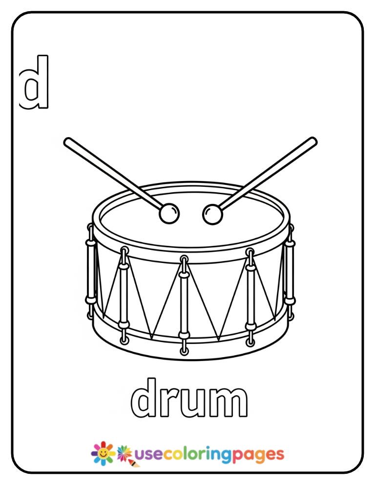 Lowercase d and Drum Coloring Page