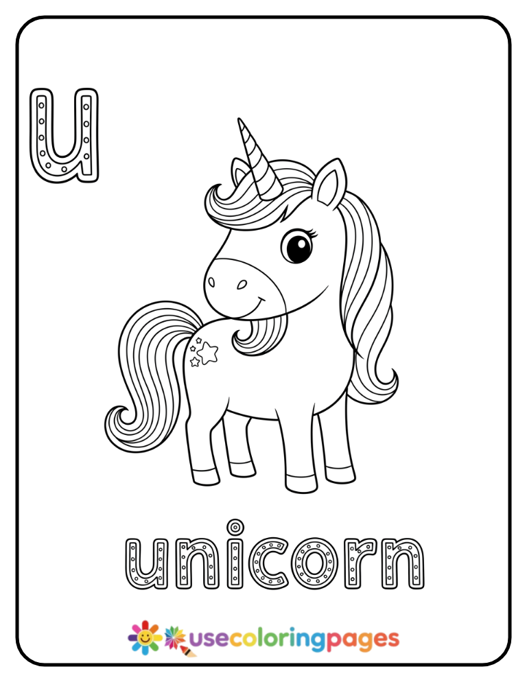 Lowercase u and Unicorn Coloring Page