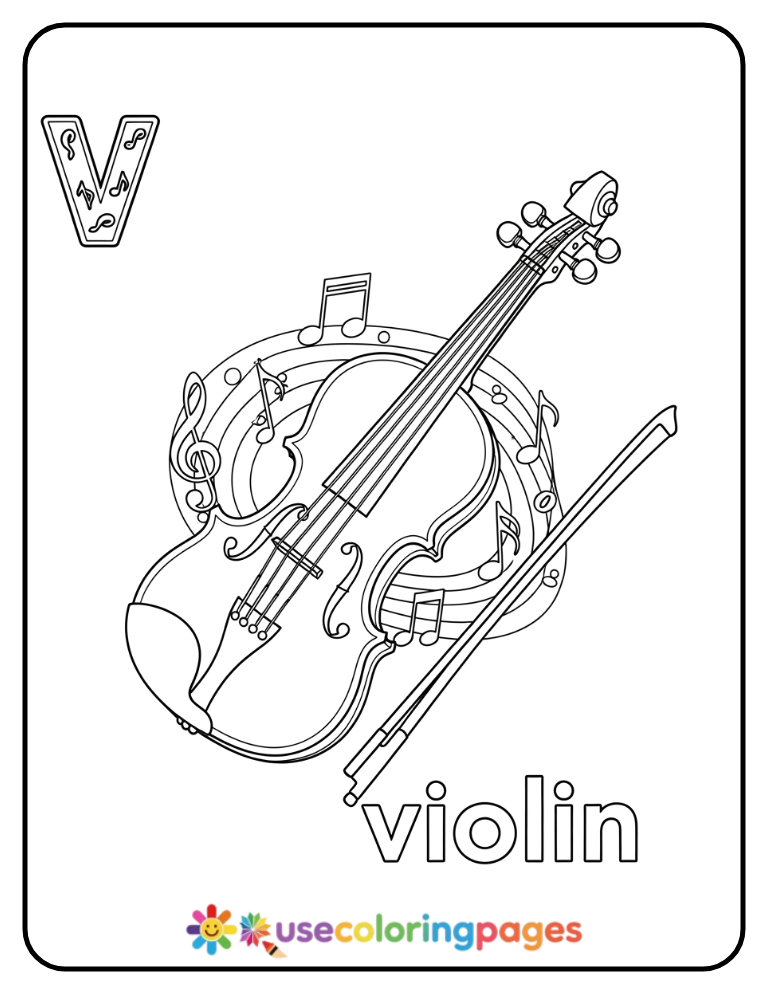 Lowercase v and Violin Coloring Page