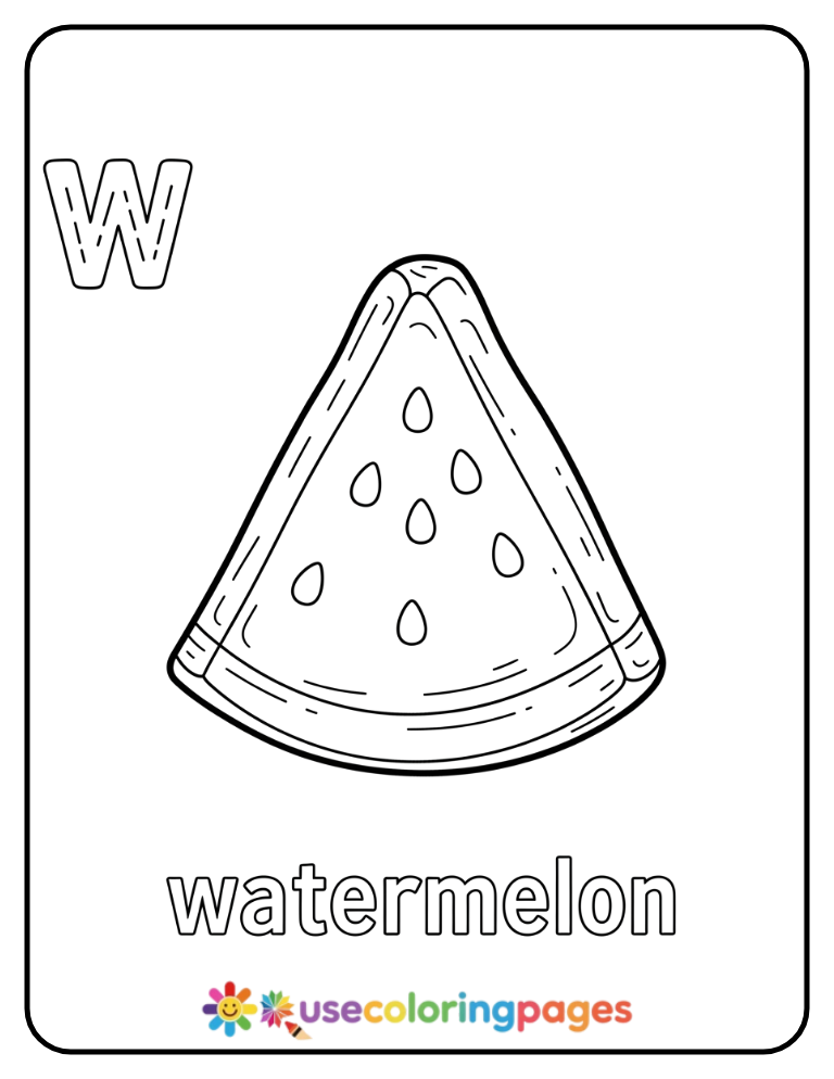 Lowercase w and Watermelon Coloring Page