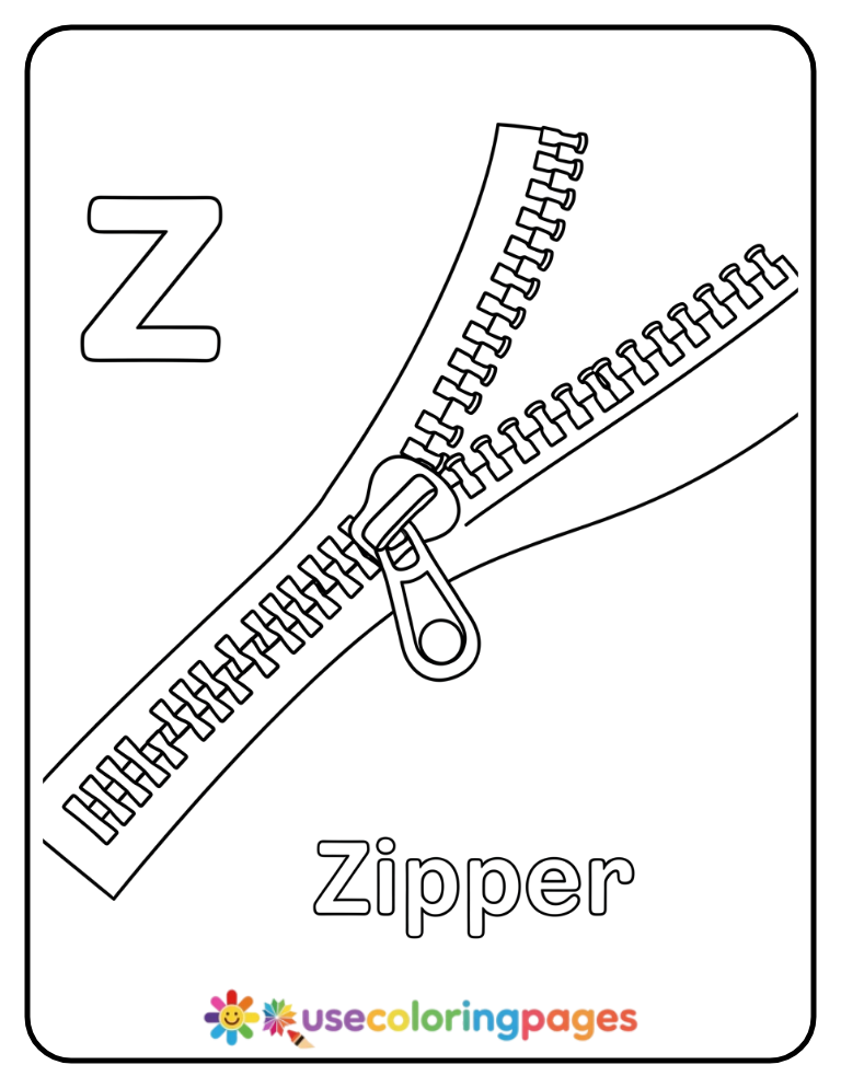 Lowercase z and Zipper Coloring Page