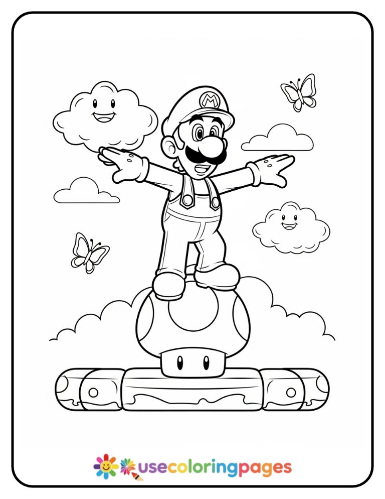 Luigi Balancing on a Mushroom Platform Coloring Page