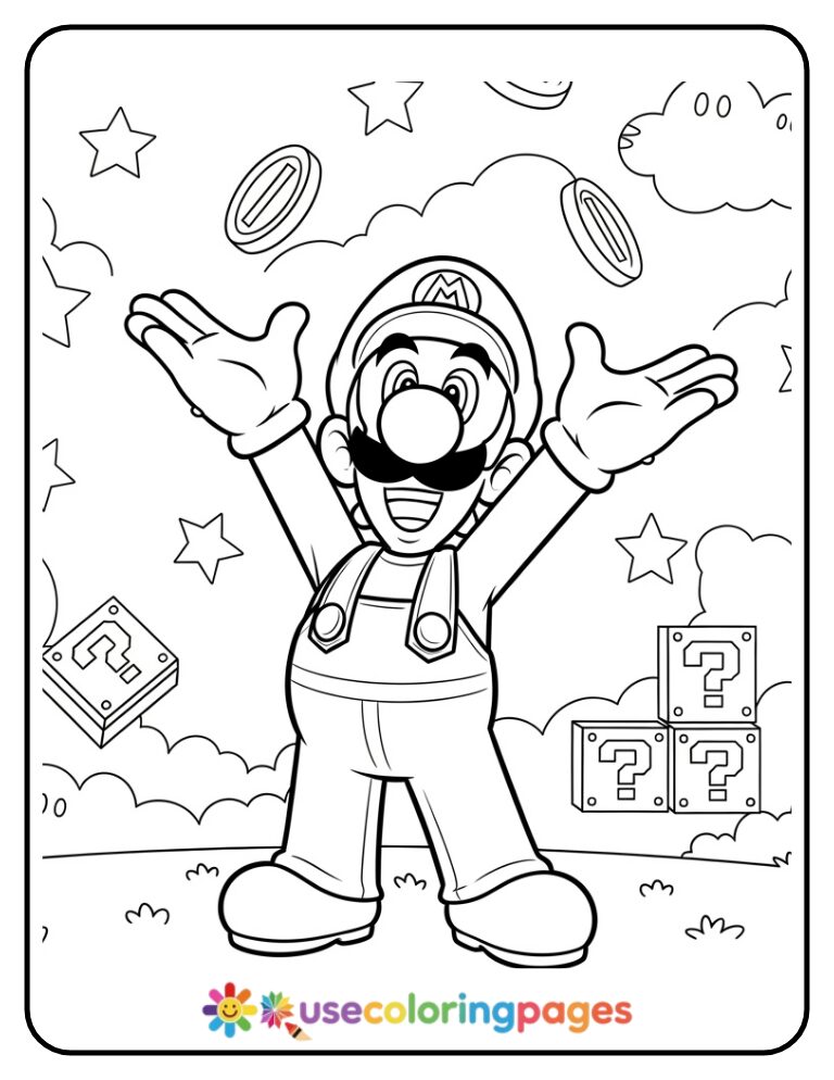 Luigi Catching Coins in the Air Coloring Page For Kids