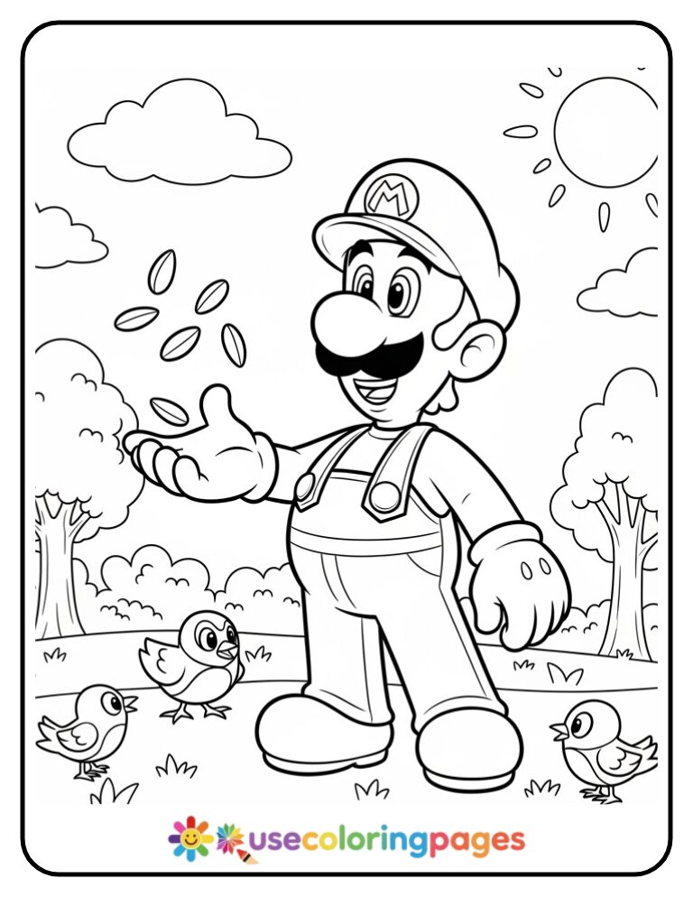 Luigi Feeding Birds with Seeds Coloring Page Printable