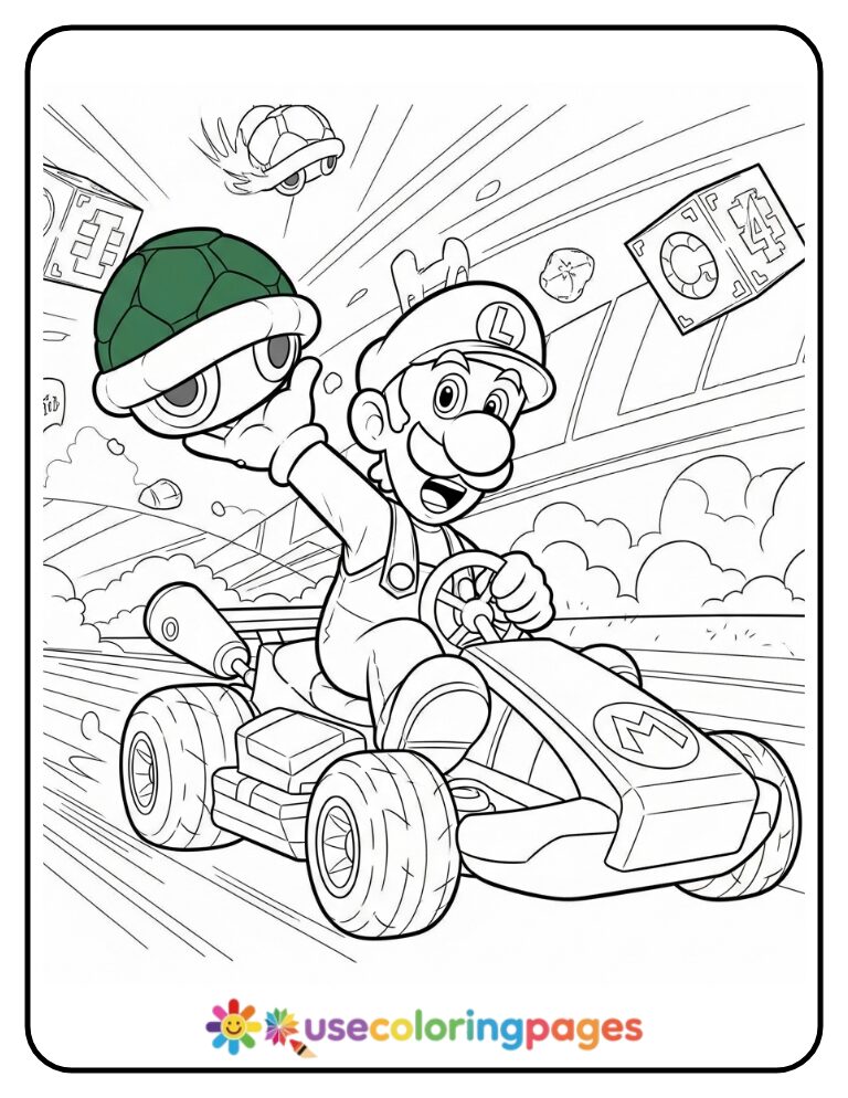 Luigi Launching a Green Shell in Mario Kart Coloring Page