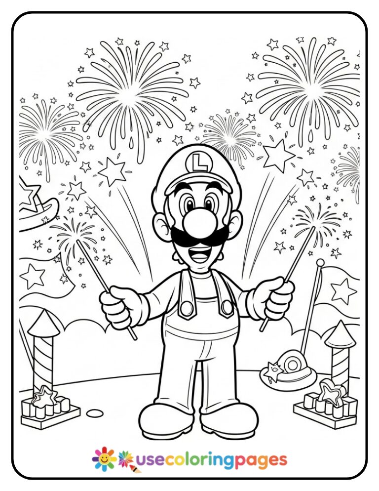 Luigi Lighting Fireworks on Independence Day Coloring Page