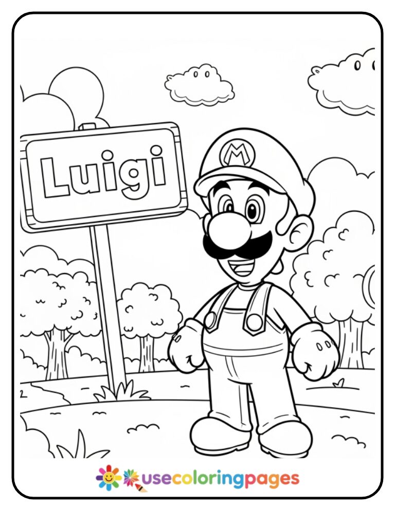 Luigi Standing Proud with Name Sign Coloring Page Printable